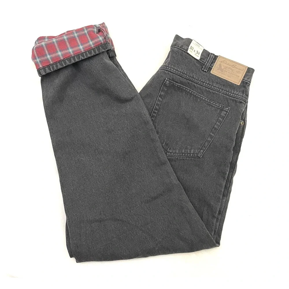 NWT Eddie Bauer Flannel Lined Jeans Mens 38x34 Black Straight Fit Denim Stretch